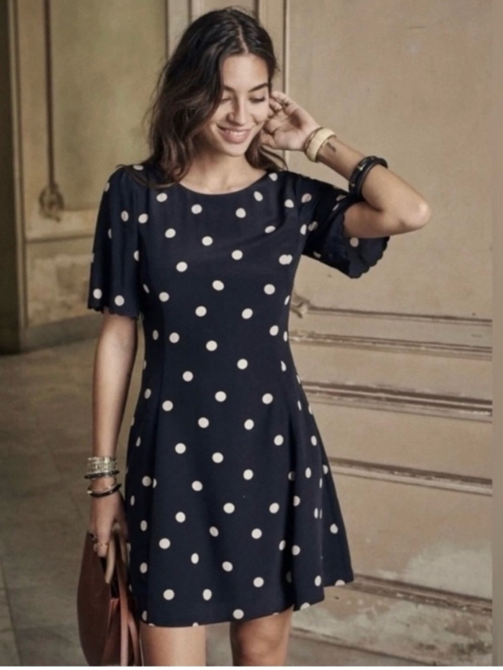 Sézane Faustine Silk Polka Dot Mini Dress Black Cream Size 38 (US 6)